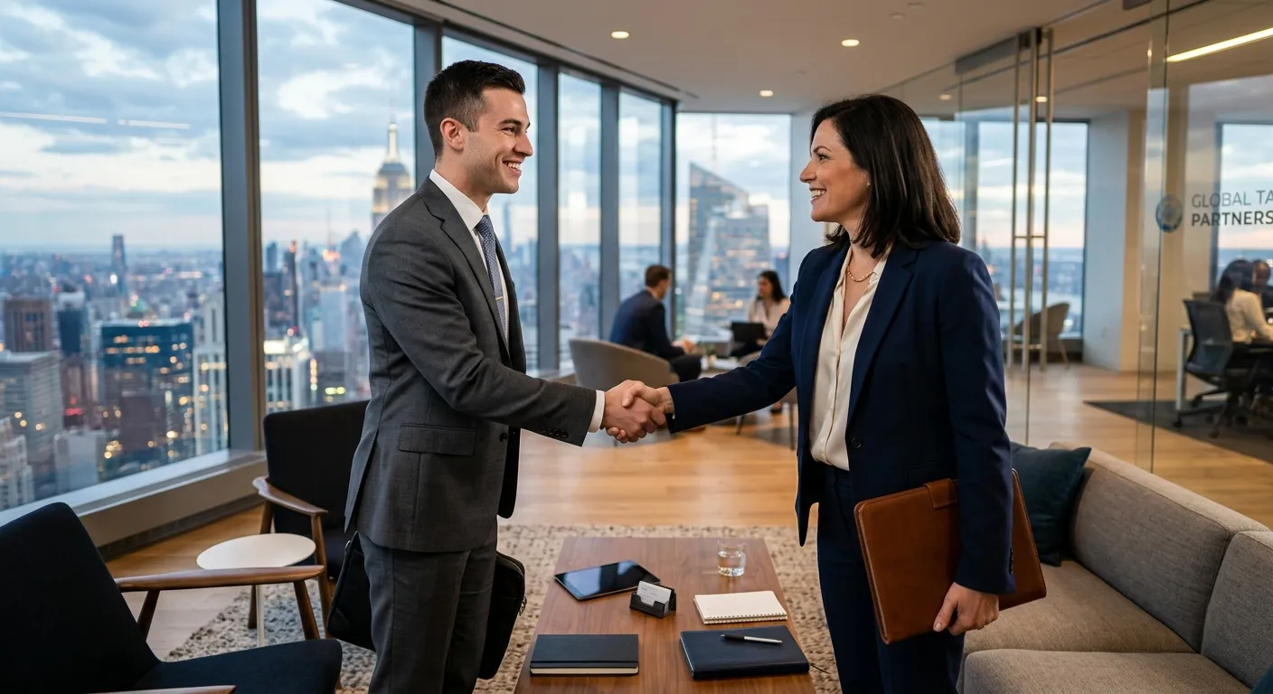 A professional, confident job seeker in modern business attire shaking hands with a headhunter/recruiter in a sleek, high-rise office lounge. Style: Corporate, aspirational, high-contrast. Mood: Successful, collaborative, forward-looking.