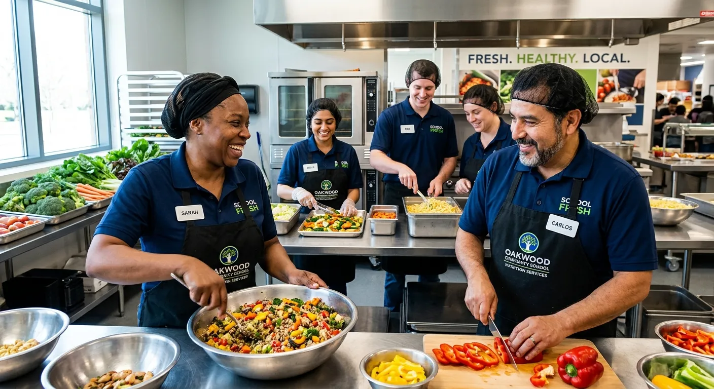 A vibrant, high-contrast photo of a diverse team of school cafeteria staff in crisp uniforms, smilin... A vibrant, high-contrast photo of a diverse team of school cafeteria staff in crisp uniforms, smiling and preparing fresh, colorful meals in a modern, well-lit kitchen. Focus on action and teamwork.