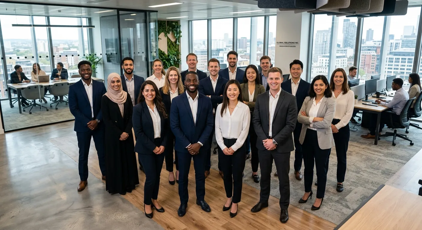 A diverse group of 20 professional employees smiling confidently in a modern office environment, loo... A diverse group of 20 professional employees smiling confidently in a modern office environment, looking directly at the camera. Style: Corporate, aspirational, high-resolution. Mood: Confident, successful, and forward-thinking.