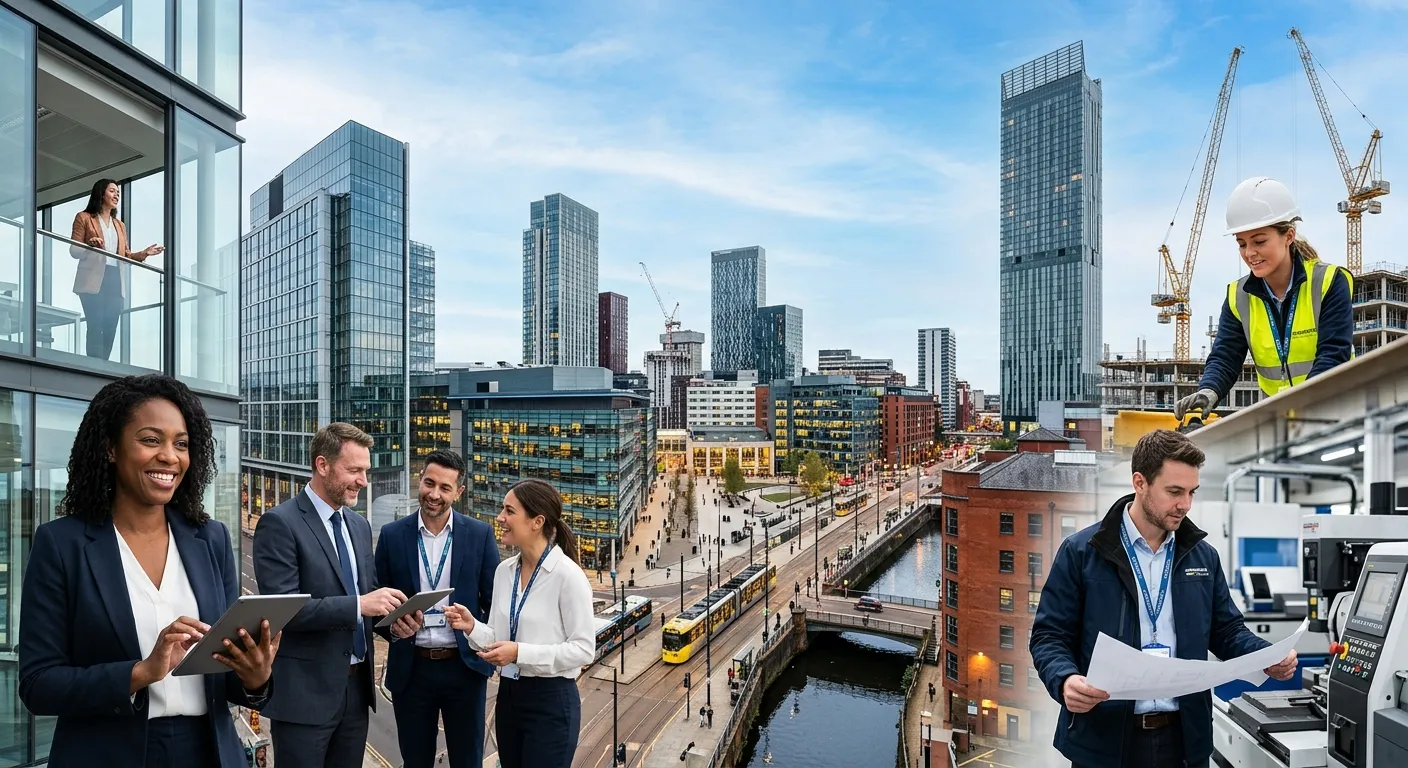 A professional, high-energy photo of Manchester's skyline (Beetham Tower, Spinningfields) blending w... A professional, high-energy photo of Manchester's skyline (Beetham Tower, Spinningfields) blending with diverse professionals in business and industrial settings, symbolising the city's vibrant employment market. Style: Modern, vibrant, aspirational.