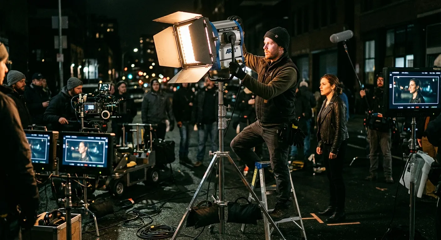 A dynamic, professional film set at night. A Film Lighting Technician is expertly adjusting a large... A dynamic, professional film set at night. A Film Lighting Technician is expertly adjusting a large LED panel on a C-stand, casting a dramatic, cinematic light on an actor. The mood is focused, technical, and creative.