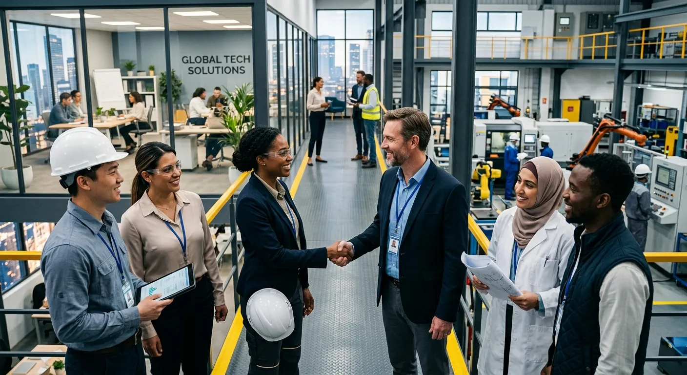 A diverse group of professional workers in a modern office and industrial setting, shaking hands and... A diverse group of professional workers in a modern office and industrial setting, shaking hands and collaborating. Style is professional, high-contrast, with a focus on connection and success. Mood is confident, efficient, and forward-thinking.
