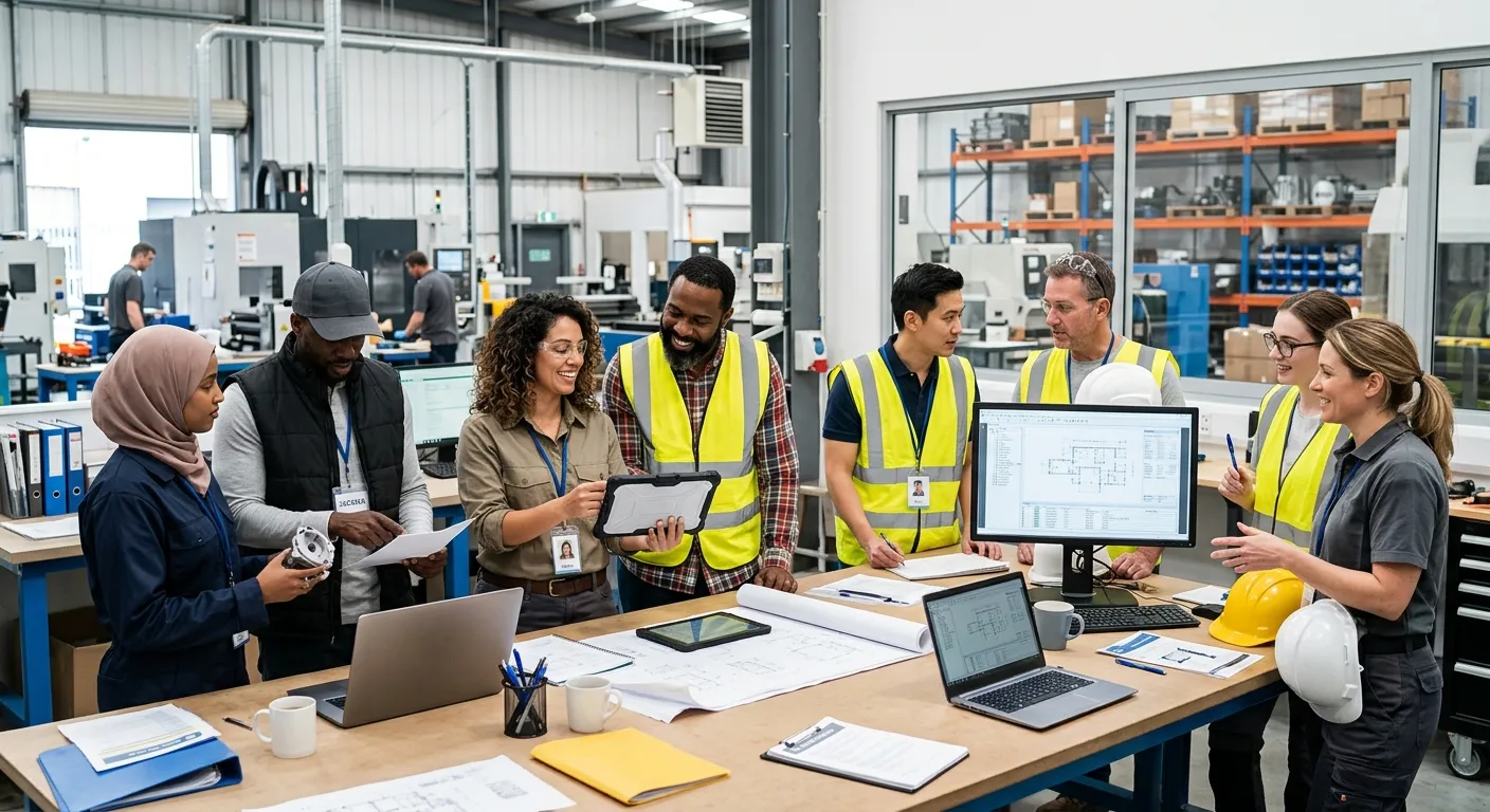 A diverse group of professional temporary workers in a modern office and industrial setting, looking... A diverse group of professional temporary workers in a modern office and industrial setting, looking engaged and collaborative. Style: Professional, high-energy, with a focus on teamwork and dynamic work environments. Mood: Empowering, efficient, and forward-thinking.