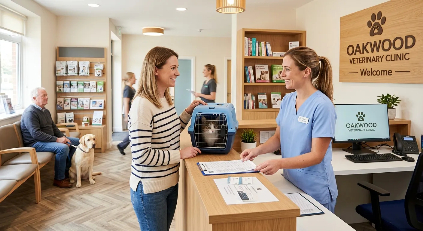 A professional, welcoming veterinary clinic reception area. A friendly, competent receptionist in scrubs is smiling while helping a client with a pet carrier. The image should be bright, clean, and convey trust and efficiency.