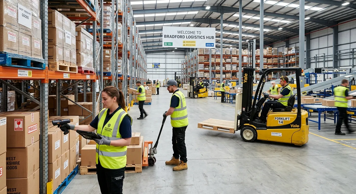 Modern, bustling warehouse interior in Bradford, West Yorkshire, showing efficient operatives workin... Modern, bustling warehouse interior in Bradford, West Yorkshire, showing efficient operatives working with forklifts and scanning systems. Professional, high-energy mood with a focus on teamwork and logistics technology.