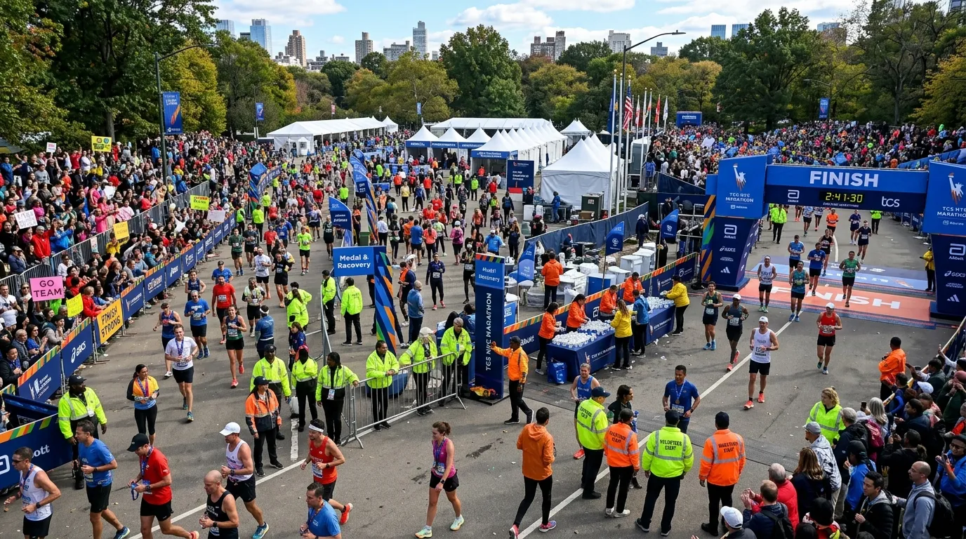 A wide-angle, dynamic photo from a high vantage point showing the organized chaos of a marathon finish line village. Staff in hi-vis jackets are visible directing runners, managing barriers, and assisting at hydration stations, with crowds of spectators in the background.