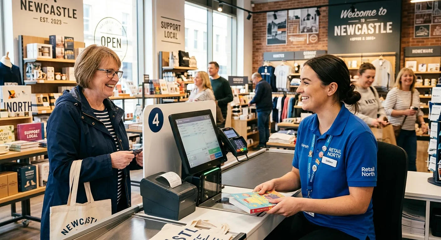 A professional, friendly Cashier in a modern retail environment in Newcastle, smiling while assistin... A professional, friendly Cashier in a modern retail environment in Newcastle, smiling while assisting a customer at the till. The setting is bright, clean, and welcoming, reflecting a positive workplace.