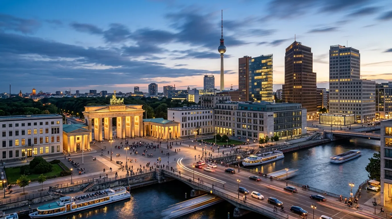 A dynamic, professional hero image of the Berlin skyline featuring the Brandenburg Gate and modern office buildings, symbolizing a blend of historic tradition and cutting-edge business. The mood is vibrant, innovative, and authoritative.