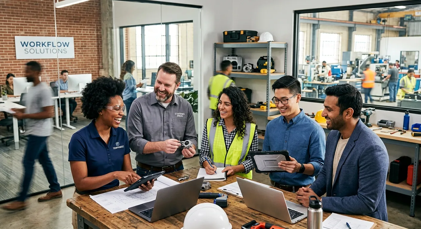 A diverse group of professional temporary workers in a modern office and industrial setting, smiling... A diverse group of professional temporary workers in a modern office and industrial setting, smiling and collaborating. Style is professional, bright, and energetic, showing action and teamwork.