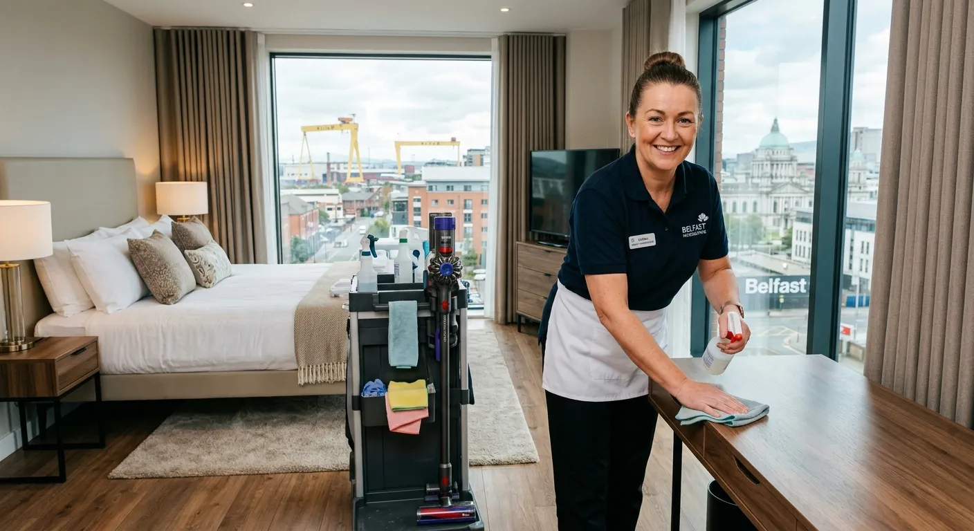 A professional, smiling housekeeper in a crisp uniform, efficiently cleaning a modern, well-lit hote... A professional, smiling housekeeper in a crisp uniform, efficiently cleaning a modern, well-lit hotel room or apartment in Belfast, conveying trust and competence.