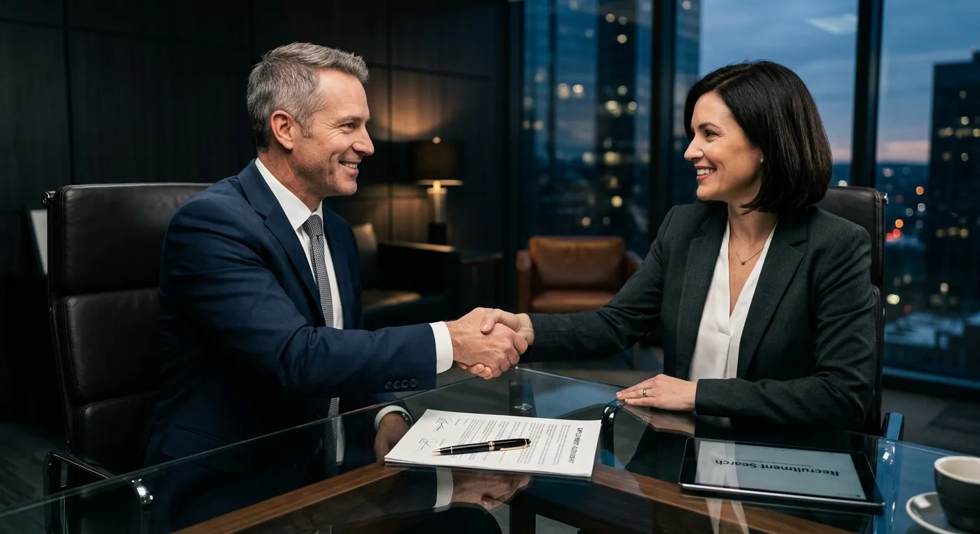 A professional, high-contrast image of a confident business manager and a headhunter/recruiter shaking hands over a contract on a modern glass desk. The mood is authoritative, successful, and collaborative. Style: Corporate photography with sharp focus and a dark, sophisticated background.