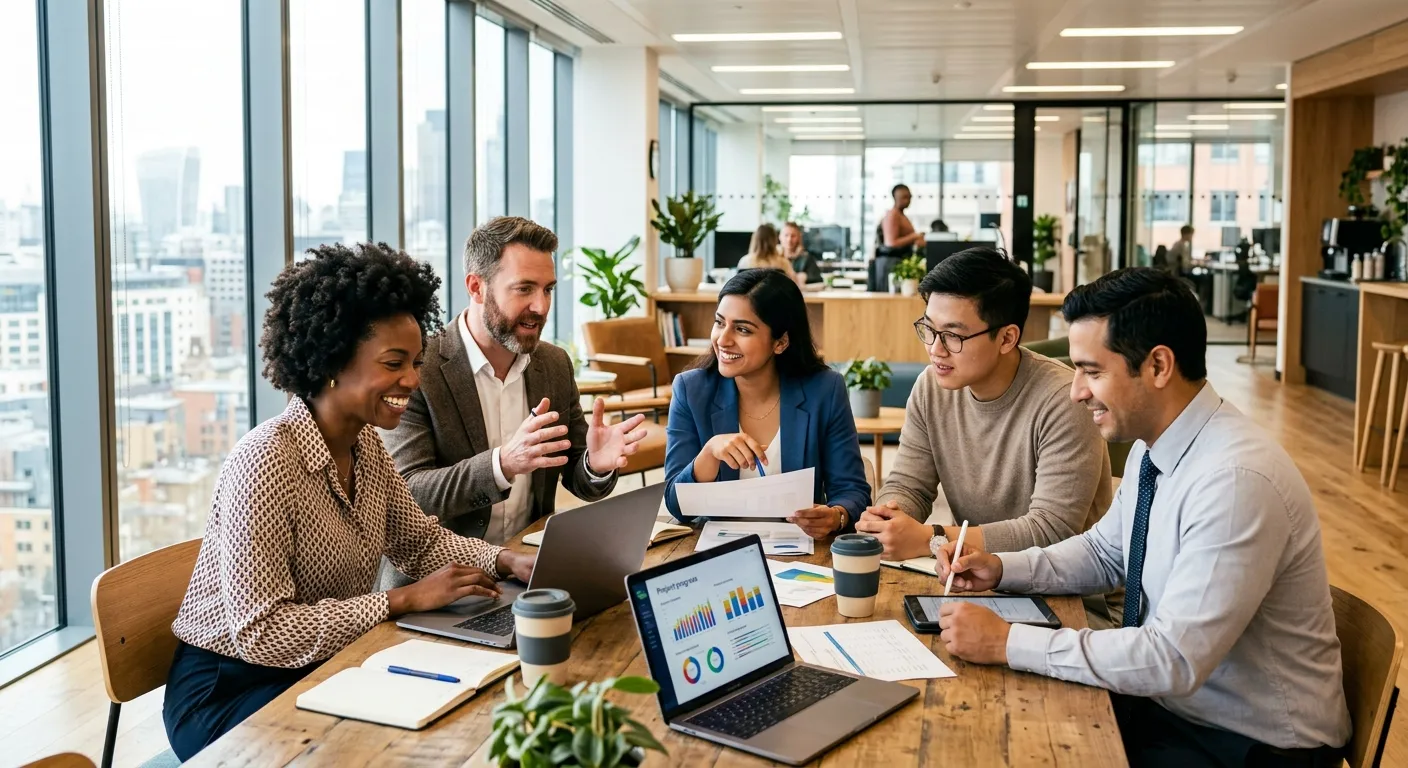 A modern, diverse team of professionals collaborating in a bright, sunlit office. The image should c... A modern, diverse team of professionals collaborating in a bright, sunlit office. The image should convey energy, professionalism, and successful teamwork. Style: High-resolution, vibrant, corporate photography.
