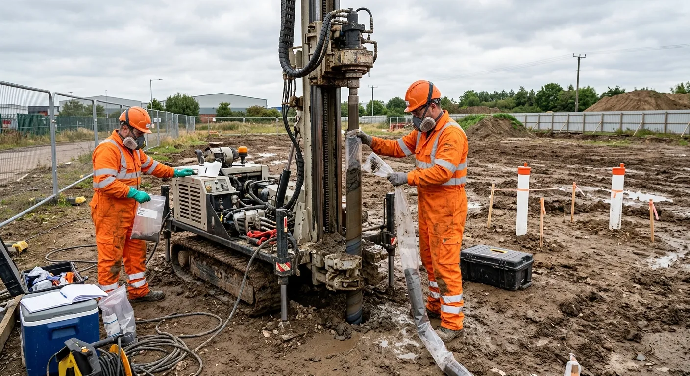 A professional photograph of a contaminated land site investigation in progress, showing operatives... A professional photograph of a contaminated land site investigation in progress, showing operatives in full PPE (coveralls, respirators) conducting soil sampling using a window sampler rig, with monitoring wells in the background.
