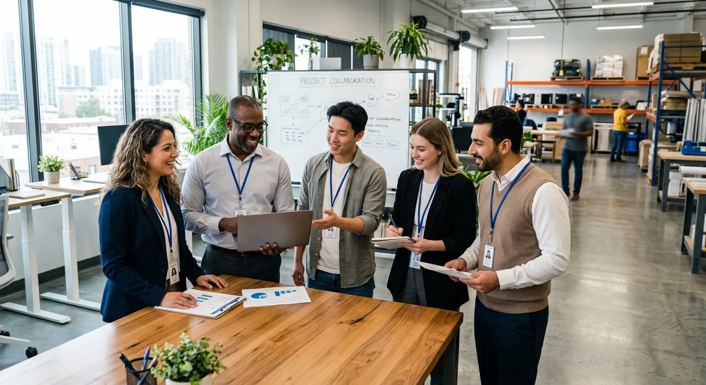 A diverse group of professional temporary workers in a modern office or light industrial setting, lo... A diverse group of professional temporary workers in a modern office or light industrial setting, looking engaged and collaborative. Style is bright, professional, and dynamic, conveying action and partnership.