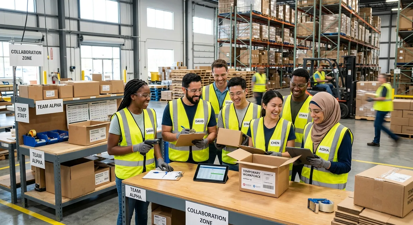 A dynamic, professional photo of a diverse group of temporary workers in a modern warehouse or offic... A dynamic, professional photo of a diverse group of temporary workers in a modern warehouse or office setting, collaborating and smiling. The style should be bright, energetic, and convey efficiency and teamwork.