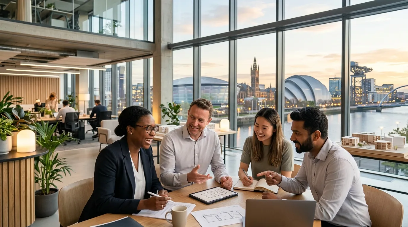 Hero image of Glasgow city skyline, modern office buildings, and diverse professionals collaborating in a bright workspace. Professional, optimistic mood.