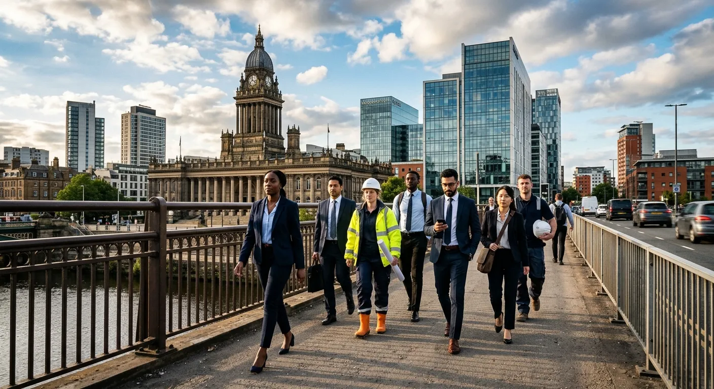 A professional, dynamic photo of the Leeds skyline (featuring the Town Hall and modern office buildi... A professional, dynamic photo of the Leeds skyline (featuring the Town Hall and modern office buildings) with a diverse group of professionals in business and industrial attire walking purposefully across a bridge, symbolising the city's vibrant workforce. Style: Modern, high-contrast, inspiring mood.