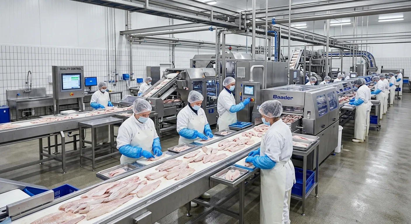 A modern, high-tech fish processing facility floor with skilled workers in hygienic gear operating m... A modern, high-tech fish processing facility floor with skilled workers in hygienic gear operating machinery and preparing seafood on a conveyor belt, showcasing efficiency and food safety standards.