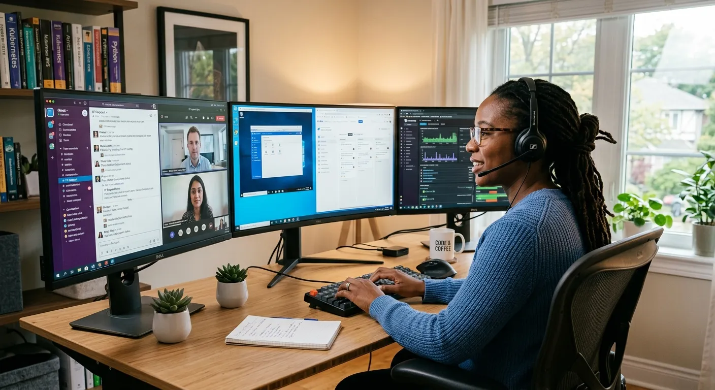 A modern, diverse team of IT support professionals working remotely on multiple monitors in a home office setting, showcasing collaboration tools and a clean, professional aesthetic.