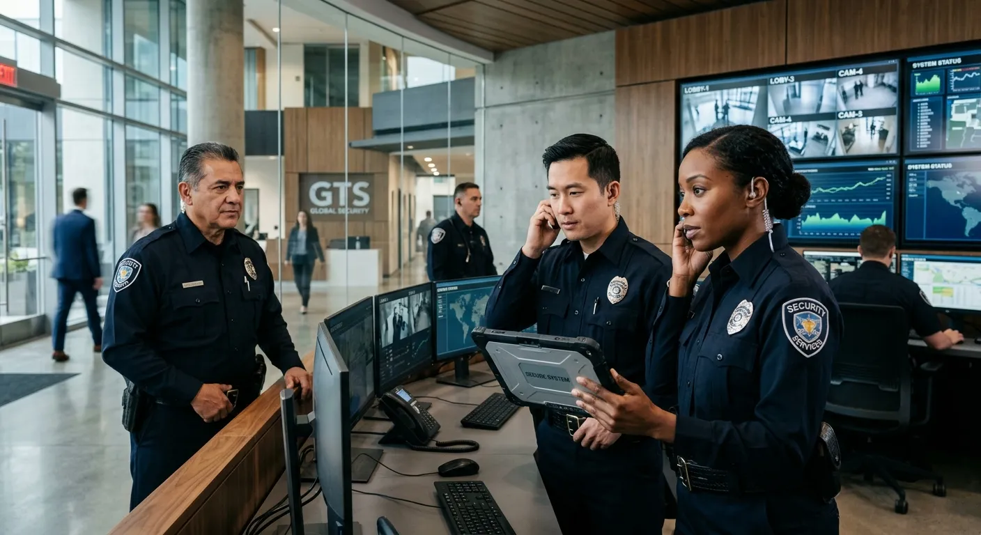 A professional, high-resolution image of a diverse team of uniformed security personnel in a modern... A professional, high-resolution image of a diverse team of uniformed security personnel in a modern corporate lobby or control room. They are alert, communicating via earpiece, and using a digital tablet. The mood is confident, reliable, and technologically advanced.