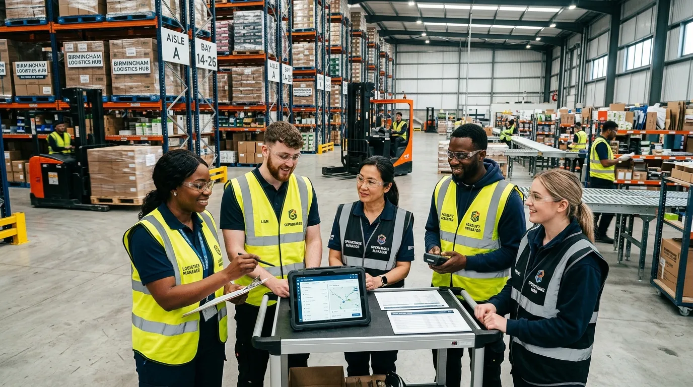 A dynamic, professional hero image showing a diverse team of warehouse operatives and managers colla... A dynamic, professional hero image showing a diverse team of warehouse operatives and managers collaborating in a modern, well-organized Birmingham logistics hub. The mood is energetic, efficient, and forward-thinking.