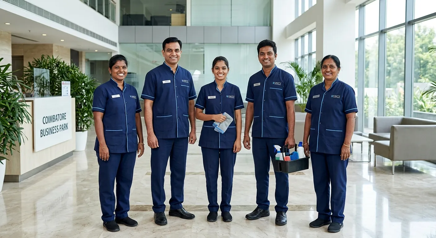 A professional, diverse team of housekeeping staff in crisp uniforms, smiling confidently in a brigh... A professional, diverse team of housekeeping staff in crisp uniforms, smiling confidently in a bright, clean Coimbatore corporate lobby. Modern, high-resolution, professional photography style.