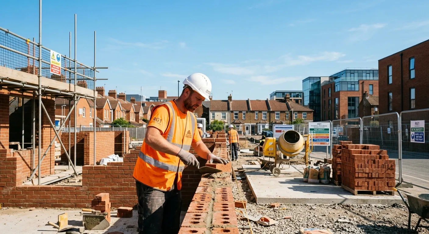 A skilled bricklayer laying bricks on a new build in Reading RG1, wearing high-visibility vest and h... A skilled bricklayer laying bricks on a new build in Reading RG1, wearing high-visibility vest and helmet, with modern equipment, clear blue sky, professional construction site