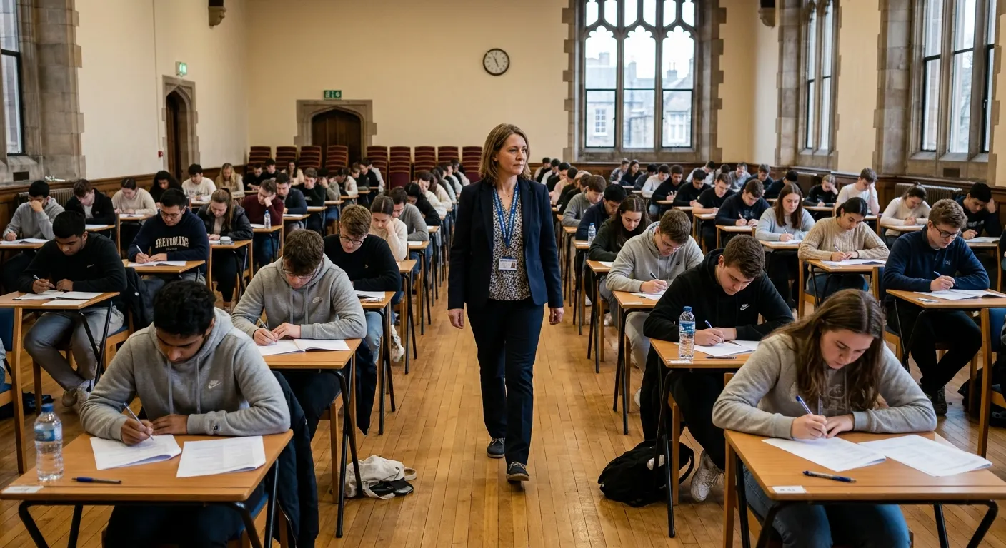 Professional, well-lit photograph of an exam hall in Aberdeen, showing an invigilator in smart casua... Professional, well-lit photograph of an exam hall in Aberdeen, showing an invigilator in smart casual attire walking calmly between rows of desks, ensuring exam integrity. The mood is focused, trustworthy, and professional.