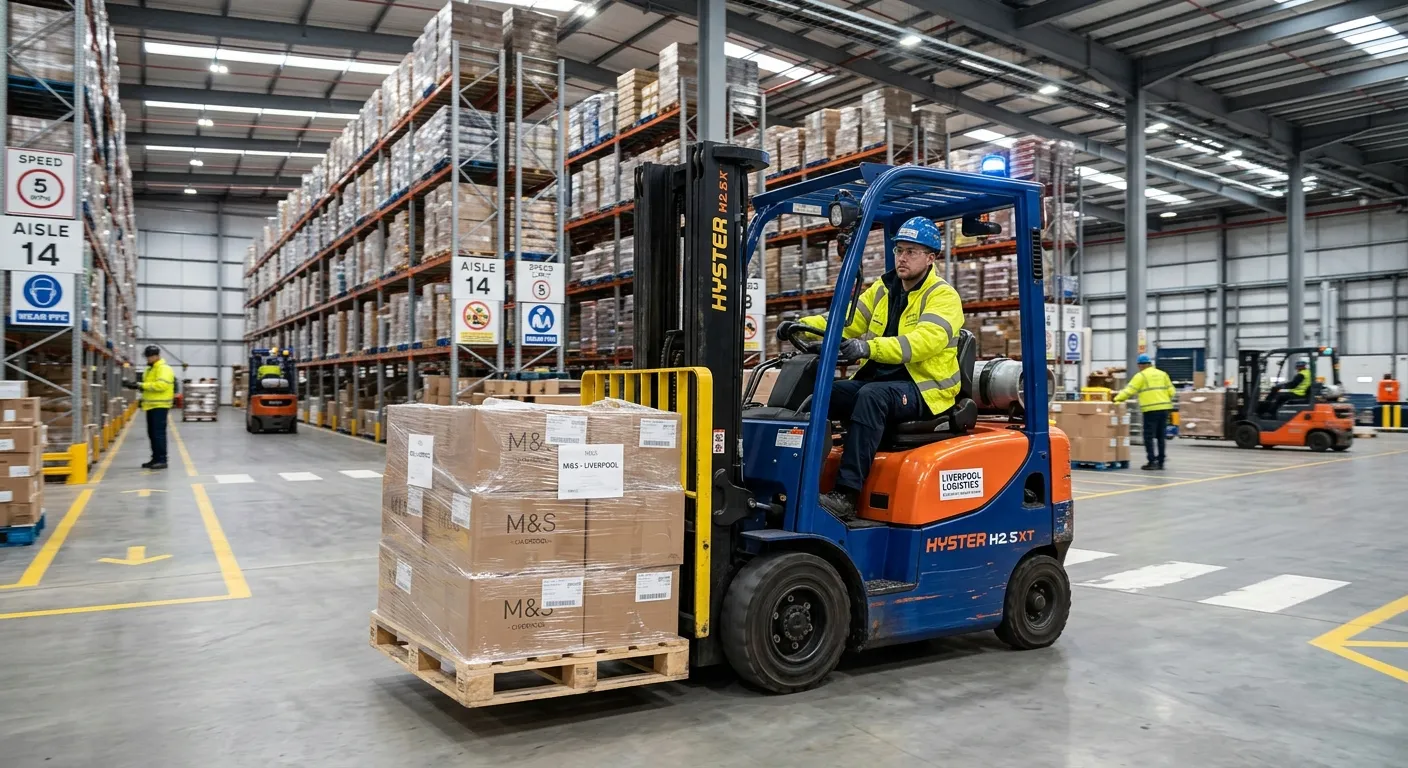 A professional, dynamic photo of a certified forklift driver in a modern, busy Liverpool warehouse,... A professional, dynamic photo of a certified forklift driver in a modern, busy Liverpool warehouse, safely operating a counterbalance forklift to move pallets in a well-lit logistics centre. The image conveys safety, skill, and industrial efficiency.