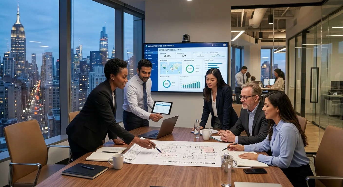 Modern, professional shot of a diverse property management team in a high-rise NYC office, reviewing blueprints and digital dashboards on a large screen, conveying collaboration and expertise.