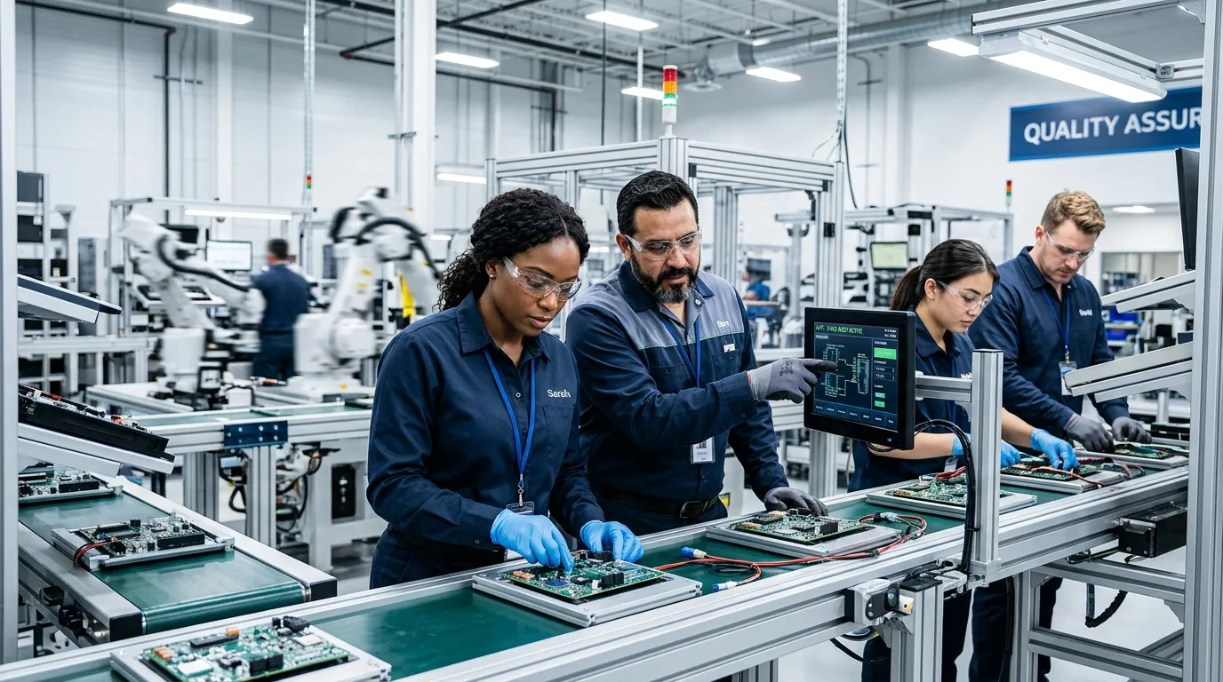 A dynamic, high-contrast hero image showing a diverse, professional team of assembly line workers in... A dynamic, high-contrast hero image showing a diverse, professional team of assembly line workers in a modern, clean manufacturing environment, collaborating on a production line with focused expressions. Style: Professional corporate photography with sharp focus on people and technology. Mood: Efficient, modern, and high-energy.