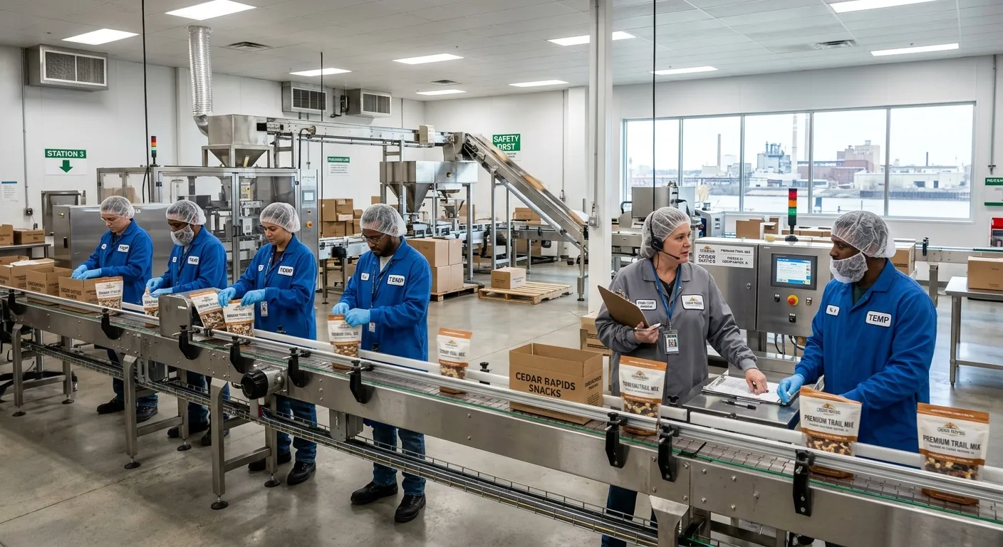 A clean, modern food packaging line in a Cedar Rapids facility, with temporary workers in uniform ef... A clean, modern food packaging line in a Cedar Rapids facility, with temporary workers in uniform efficiently operating machinery, supervised by a team lead.