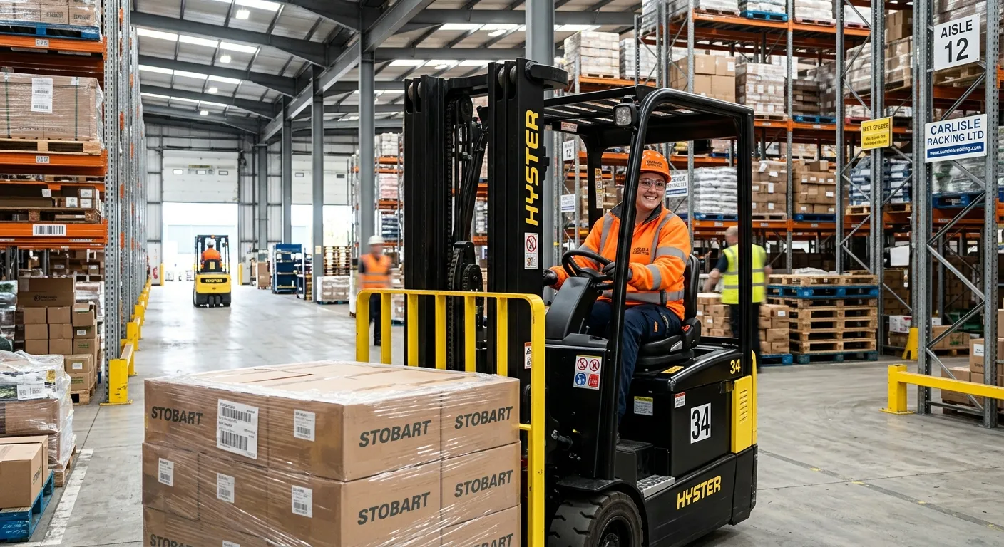 A professional, confident forklift driver in a modern warehouse in Carlisle, safely operating a fork... A professional, confident forklift driver in a modern warehouse in Carlisle, safely operating a forklift, wearing high-visibility gear and a smile. The image should convey competence, safety, and industrial activity.