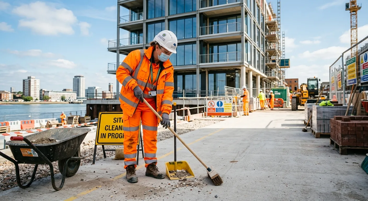 Professional, high-resolution photograph of a Construction Site Cleaner in high-visibility PPE, safe... Professional, high-resolution photograph of a Construction Site Cleaner in high-visibility PPE, safely clearing debris on a modern construction site in Southampton. Focus on professionalism, safety gear, and a clean, organised work environment. Bright, optimistic lighting.