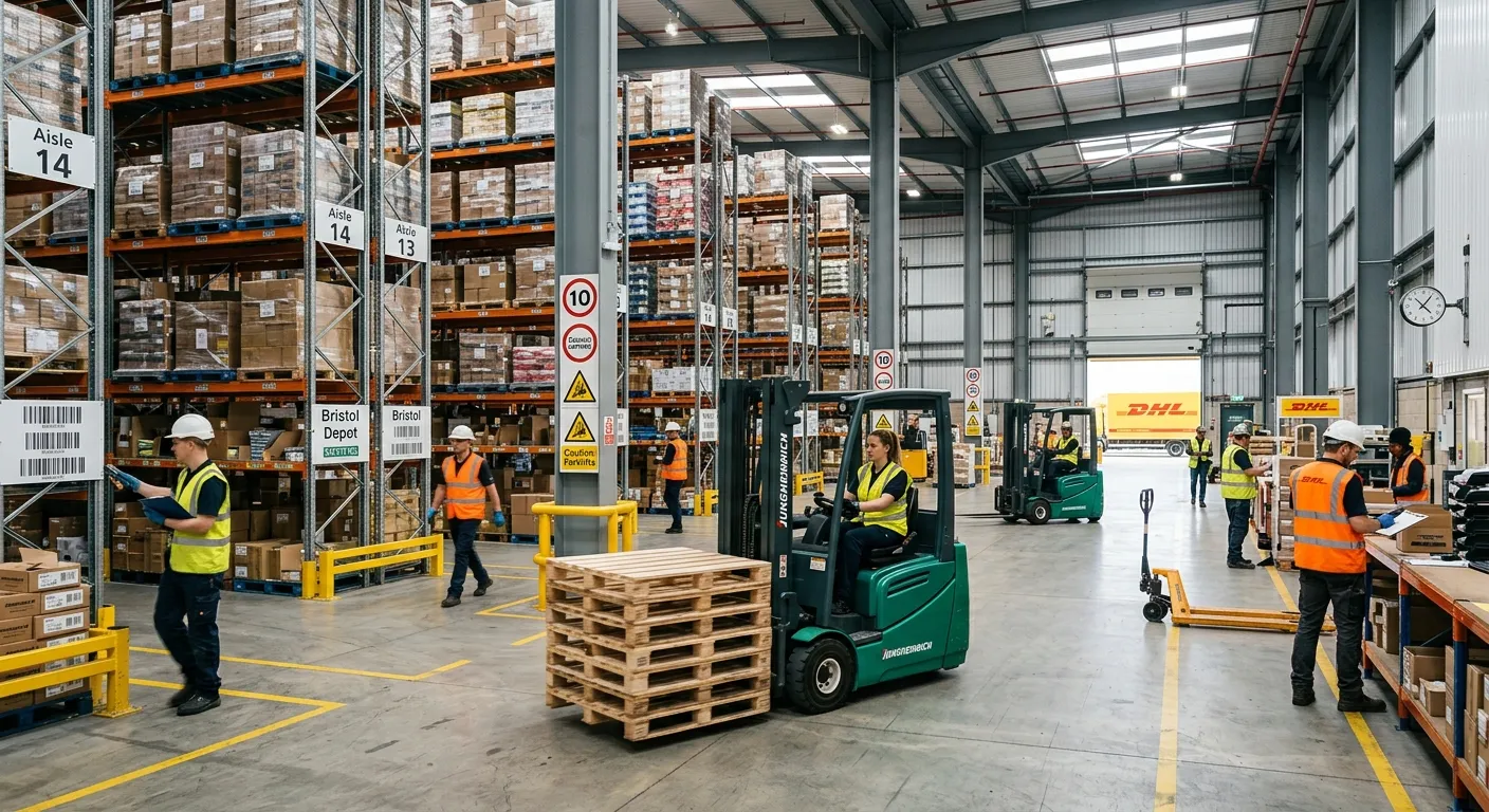 A modern, busy warehouse in Bristol with workers in high-visibility vests operating forklifts and ma... A modern, busy warehouse in Bristol with workers in high-visibility vests operating forklifts and managing inventory in a well-organized, brightly lit storage facility.