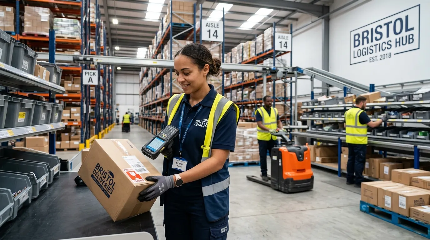 A dynamic, professional hero image showing a focused Picker/Packer in a modern, well-organised wareh... A dynamic, professional hero image showing a focused Picker/Packer in a modern, well-organised warehouse in Bristol. They are accurately scanning a barcode on a box with a handheld scanner, with other warehouse staff visible in the background. The mood is efficient, modern, and professional.