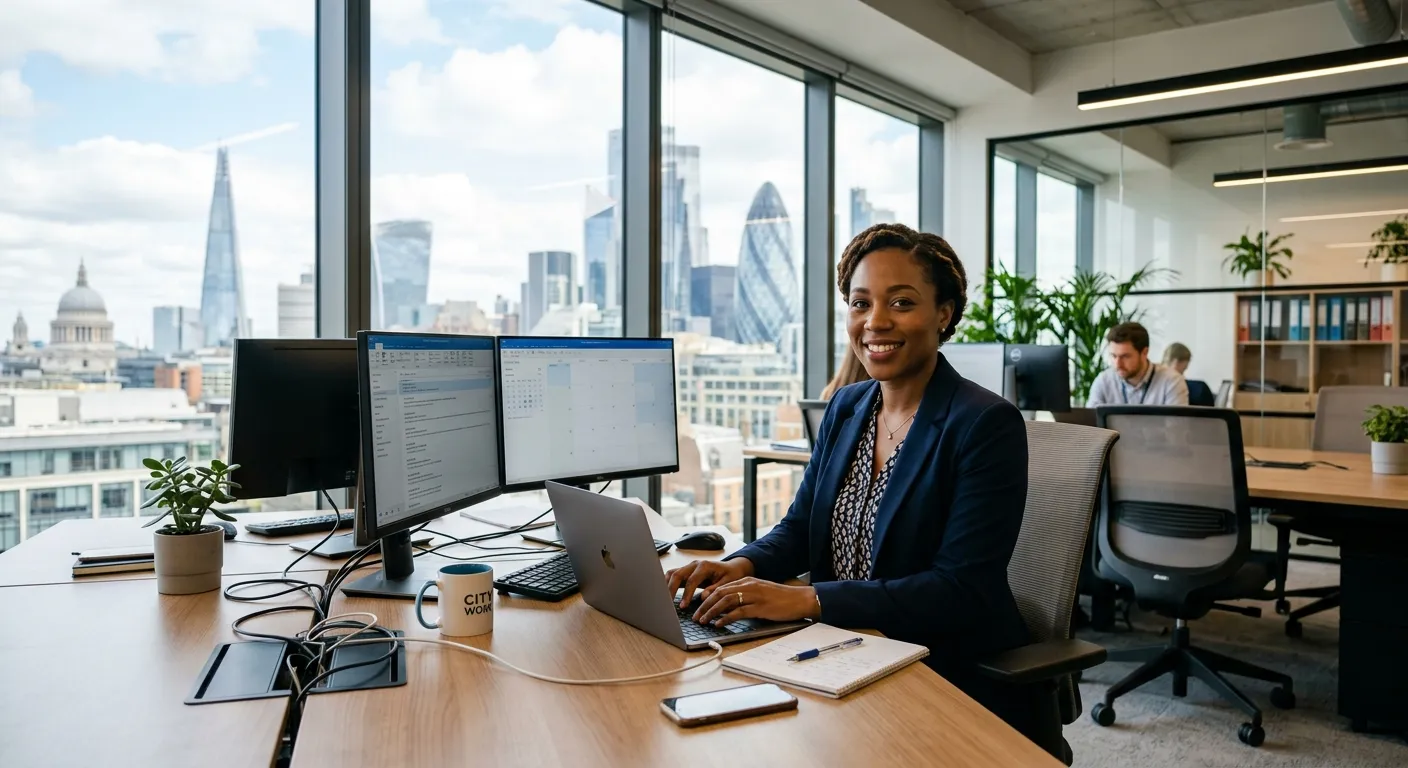 A professional, optimistic Administrative Assistant working efficiently in a modern London office, with a view of the City of London skyline through the window. Style: Bright, professional, and inviting.