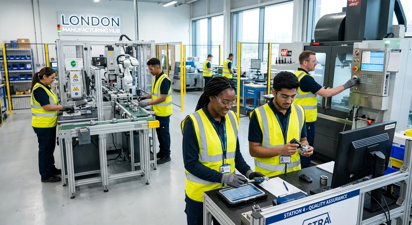 A diverse team of production operatives in high-visibility vests, engaged in quality control and mac... A diverse team of production operatives in high-visibility vests, engaged in quality control and machinery operation within a modern, clean manufacturing facility in London. Professional, energetic mood.