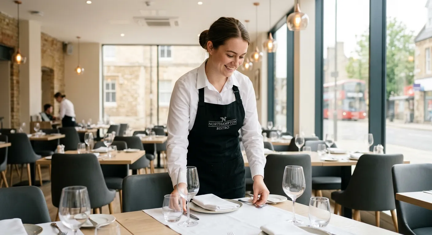 A friendly Food Service Assistant in a smart black apron, professionally setting a table in a bright, modern Northampton restaurant dining room.