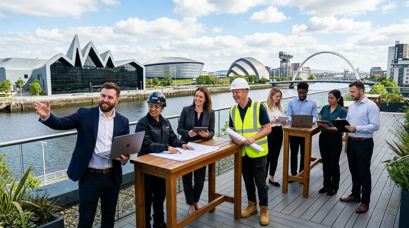 A dynamic, professional hero image showing a diverse group of skilled workers and business managers collaborating in a modern Glasgow cityscape setting, with iconic Clyde architecture in the background. Style: Professional, vibrant, and aspirational. Mood: Confident, productive, and forward-thinking.