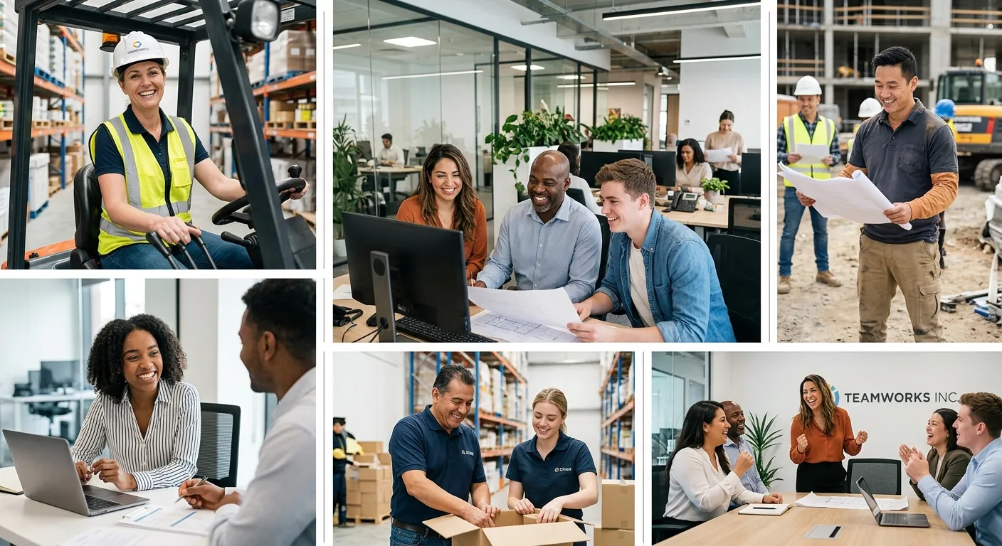 A dynamic, professional photo collage featuring diverse, happy permanent employees in various workplace settings – a modern office, a clean warehouse, a busy construction site. The style is authentic, high-resolution, and conveys success and teamwork. Mood: Trustworthy, professional, and aspirational.