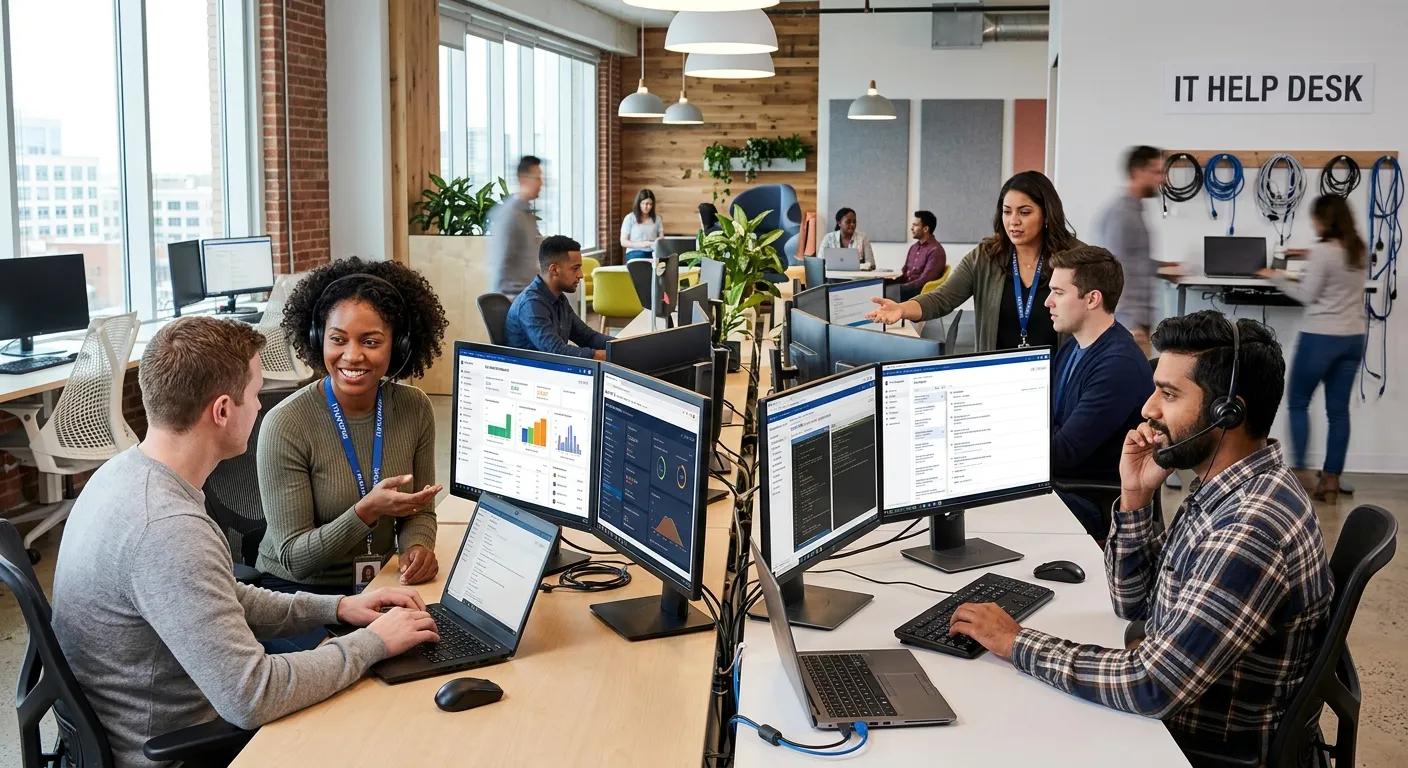 A modern, vibrant office scene featuring a diverse IT help desk team actively assisting colleagues.... A modern, vibrant office scene featuring a diverse IT help desk team actively assisting colleagues. The mood is efficient, collaborative, and tech-savvy, with multiple monitors showing service dashboards.