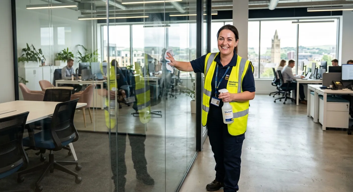 A professional, well-lit photo of a cheerful cleaner in a high-visibility vest and Workers Direct un... A professional, well-lit photo of a cheerful cleaner in a high-visibility vest and Workers Direct uniform, smiling and wiping a glass surface in a modern office environment in Huddersfield. The image should convey professionalism, trust, and immediate availability.