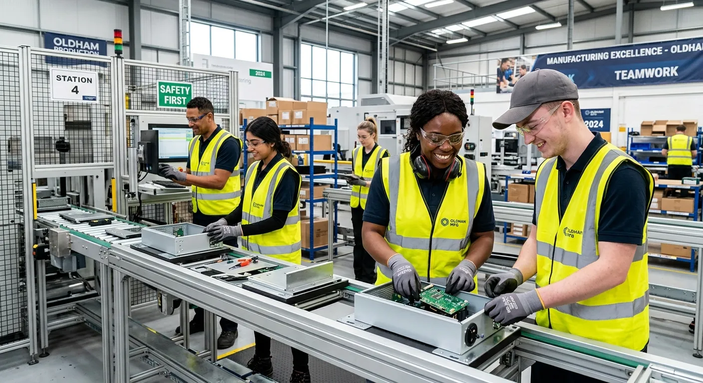 A professional, high-energy photograph of a diverse team of Production Operatives in high-visibility... A professional, high-energy photograph of a diverse team of Production Operatives in high-visibility vests, working collaboratively on a modern assembly line in a clean, well-lit industrial unit in Oldham. The mood is productive, focused, and positive.