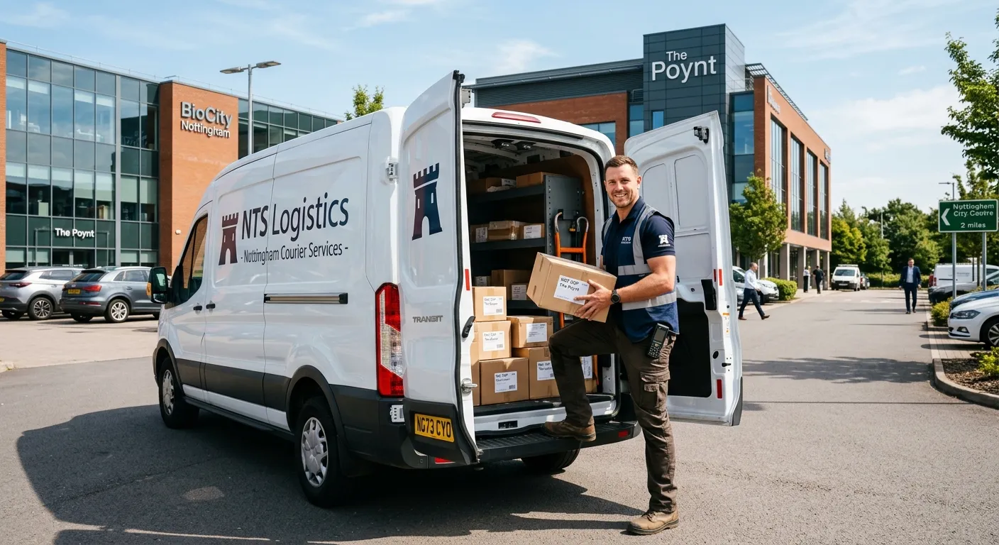 A professional, confident Courier Driver in Nottingham, loading parcels into a modern van outside a... A professional, confident Courier Driver in Nottingham, loading parcels into a modern van outside a Nottingham business park, sunny day, action-oriented mood.