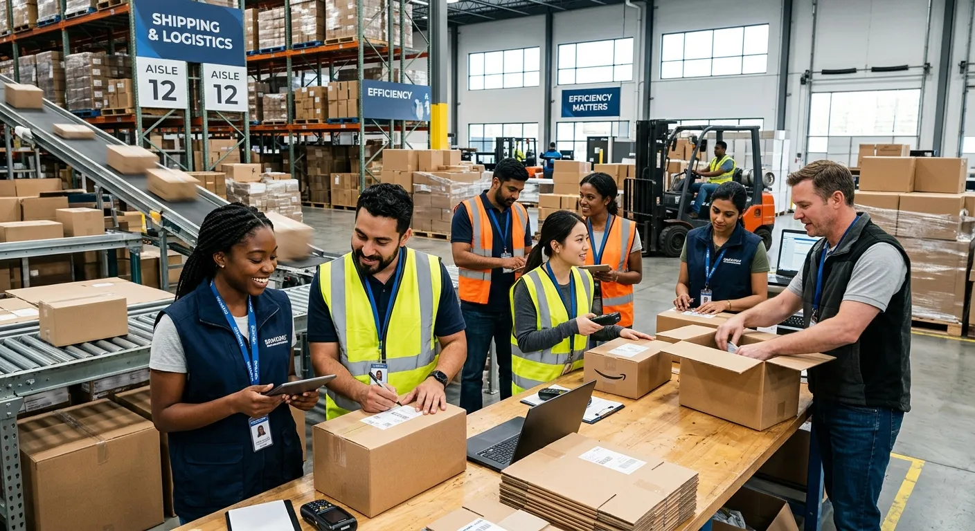 A dynamic, professional photograph showing a diverse group of temporary workers collaborating in a m... A dynamic, professional photograph showing a diverse group of temporary workers collaborating in a modern warehouse or office environment. The image should convey energy, teamwork, and efficiency. Style: Bright, high-contrast, professional business photography.