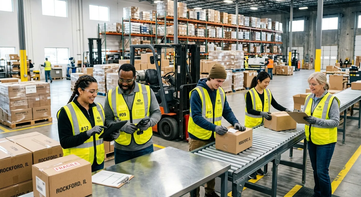 A dynamic, professional photo of a diverse team of temporary workers in a modern Rockford, IL wareho... A dynamic, professional photo of a diverse team of temporary workers in a modern Rockford, IL warehouse or light industrial setting, collaborating efficiently. The image should convey energy, reliability, and seamless integration. Style: Bright, high-contrast, professional business photography.