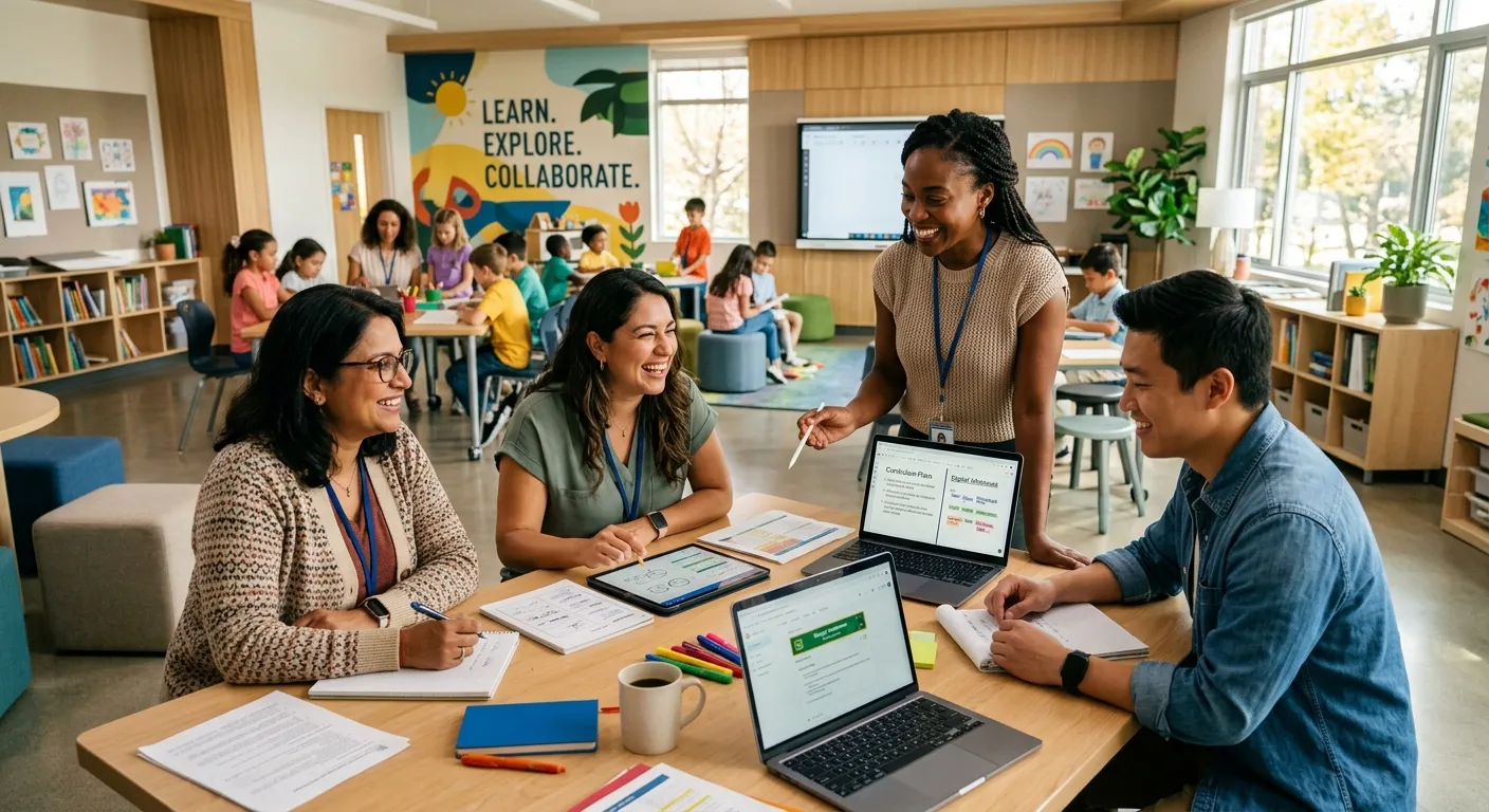 A professional, modern classroom or educational environment with a diverse group of teaching assistants and educators collaborating, warm and inviting mood
