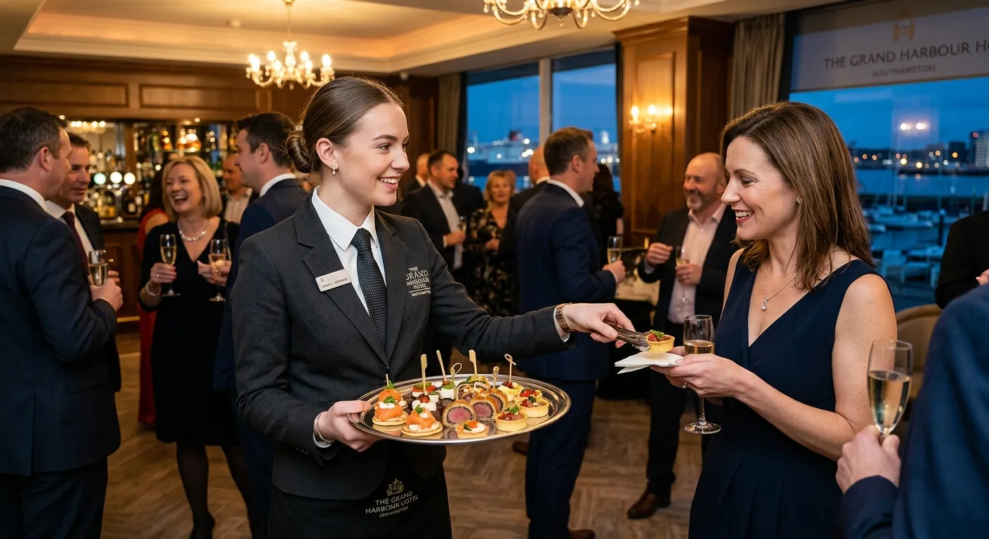 A well-presented Catering Assistant in a Southampton hotel, elegantly serving canapés to guests at a... A well-presented Catering Assistant in a Southampton hotel, elegantly serving canapés to guests at an evening event, showcasing professional attire and service.