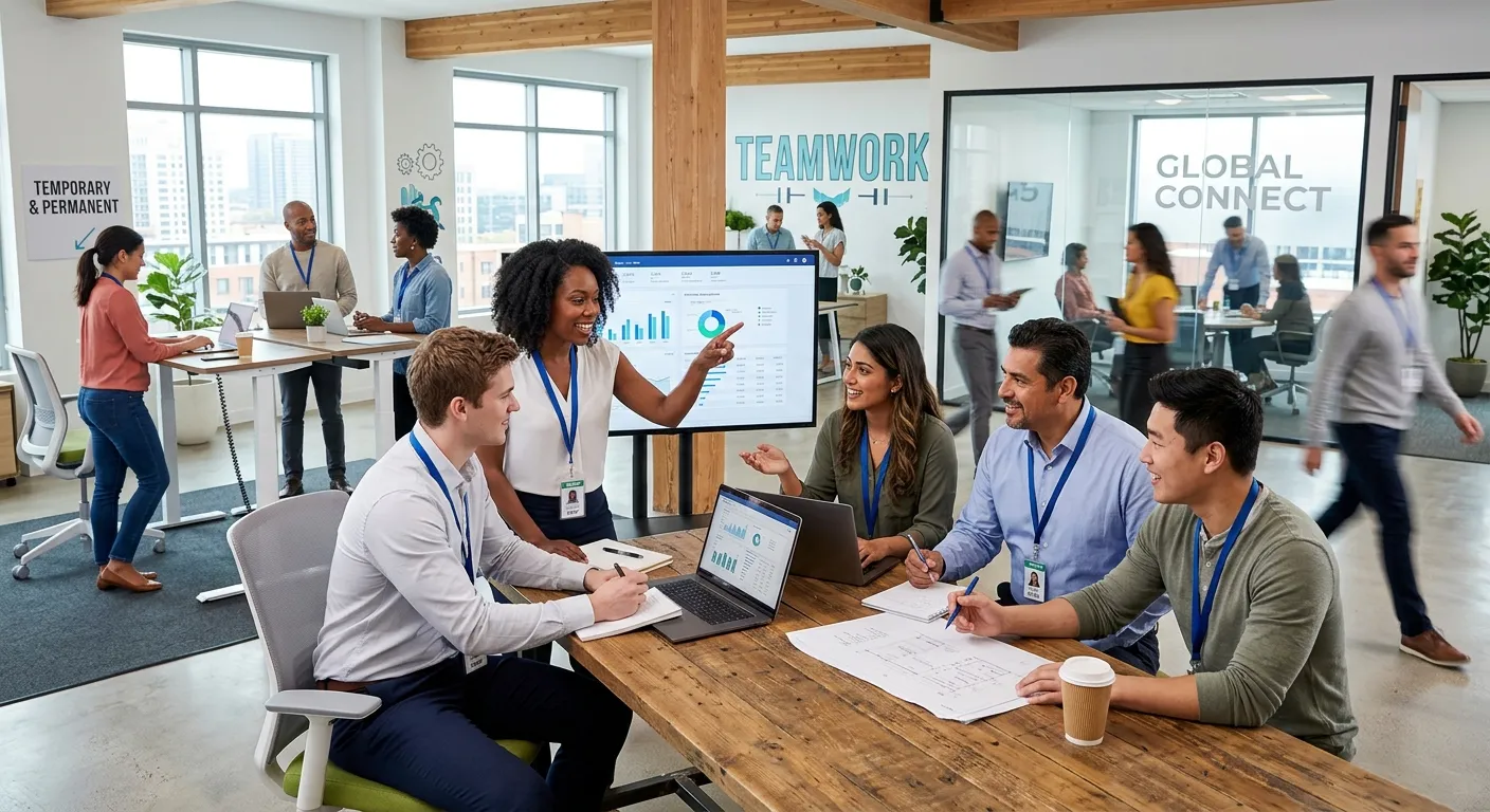 A professional, high-energy office environment showcasing a diverse team of temporary and permanent... A professional, high-energy office environment showcasing a diverse team of temporary and permanent workers collaborating seamlessly. Style: Modern, bright, and dynamic with a focus on teamwork and productivity. Mood: Confident, efficient, and forward-thinking.